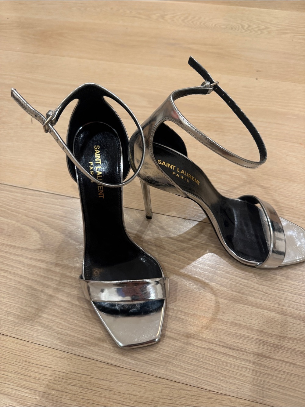 Saint Laurent Silver Ankle-Strap Stiletto Sandals